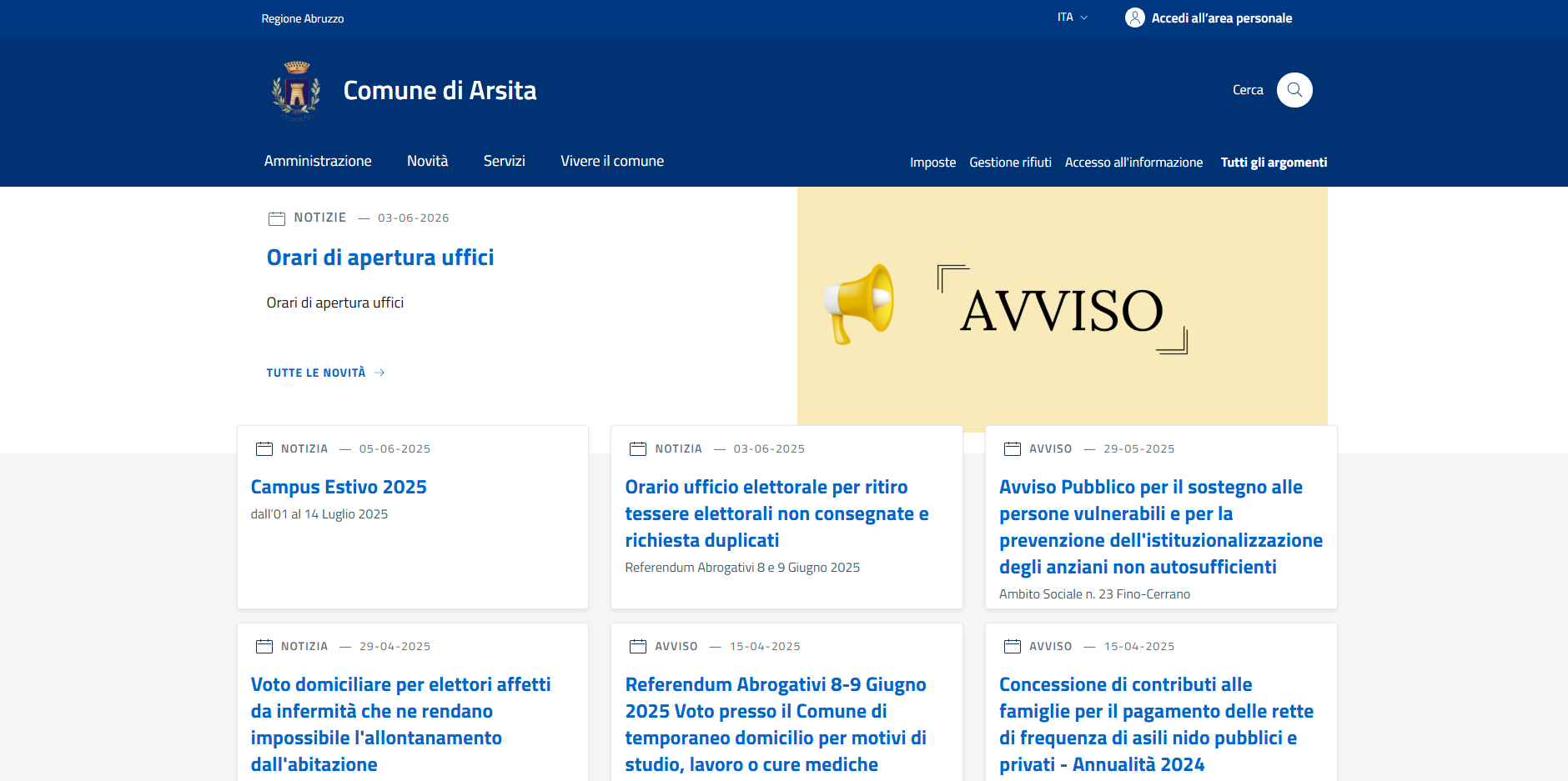 Sito del Comune di Arsita con l’assistente virtuale Alba