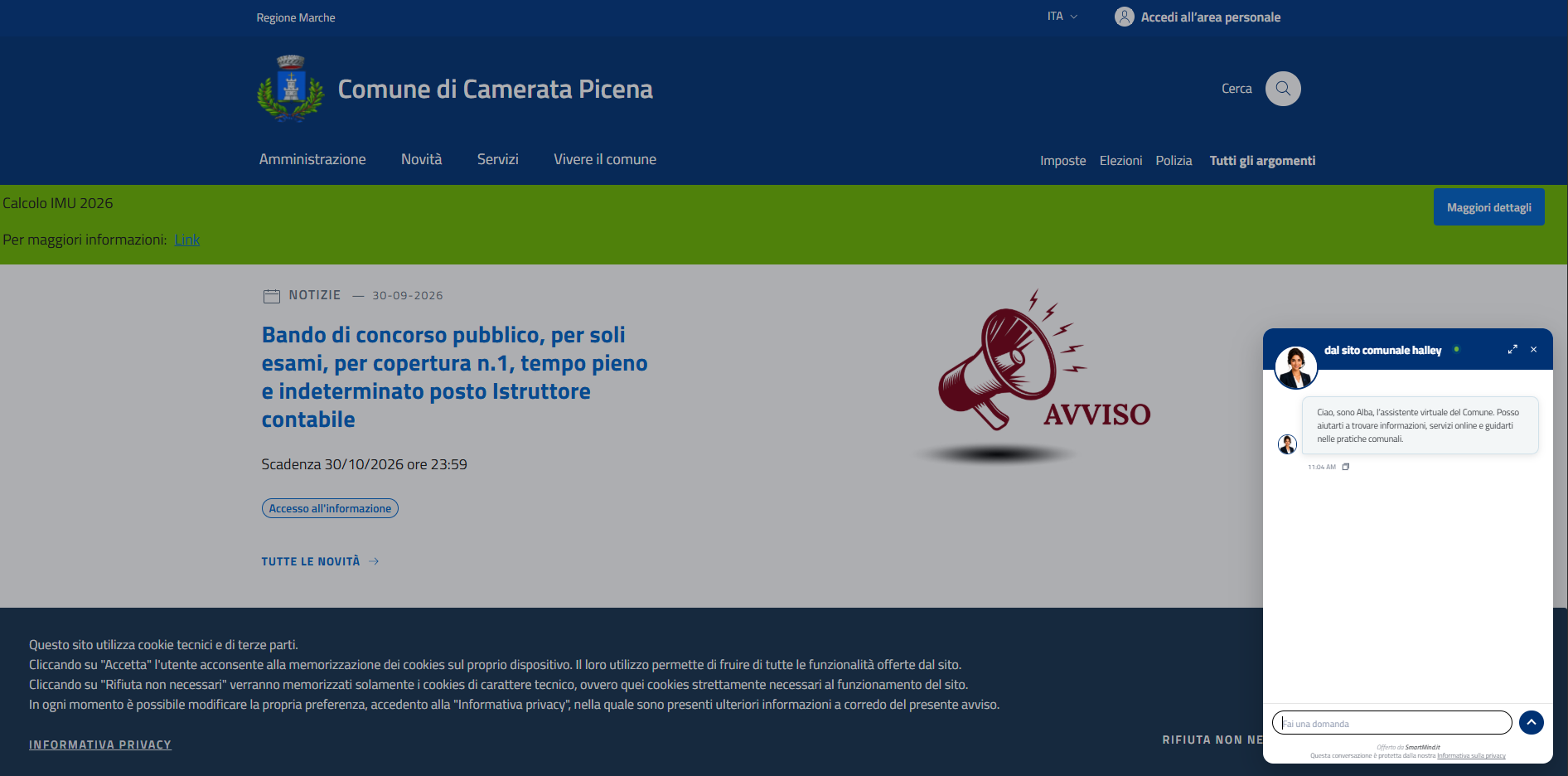 Sito del Comune di Camerata Picena con l’assistente virtuale Alba