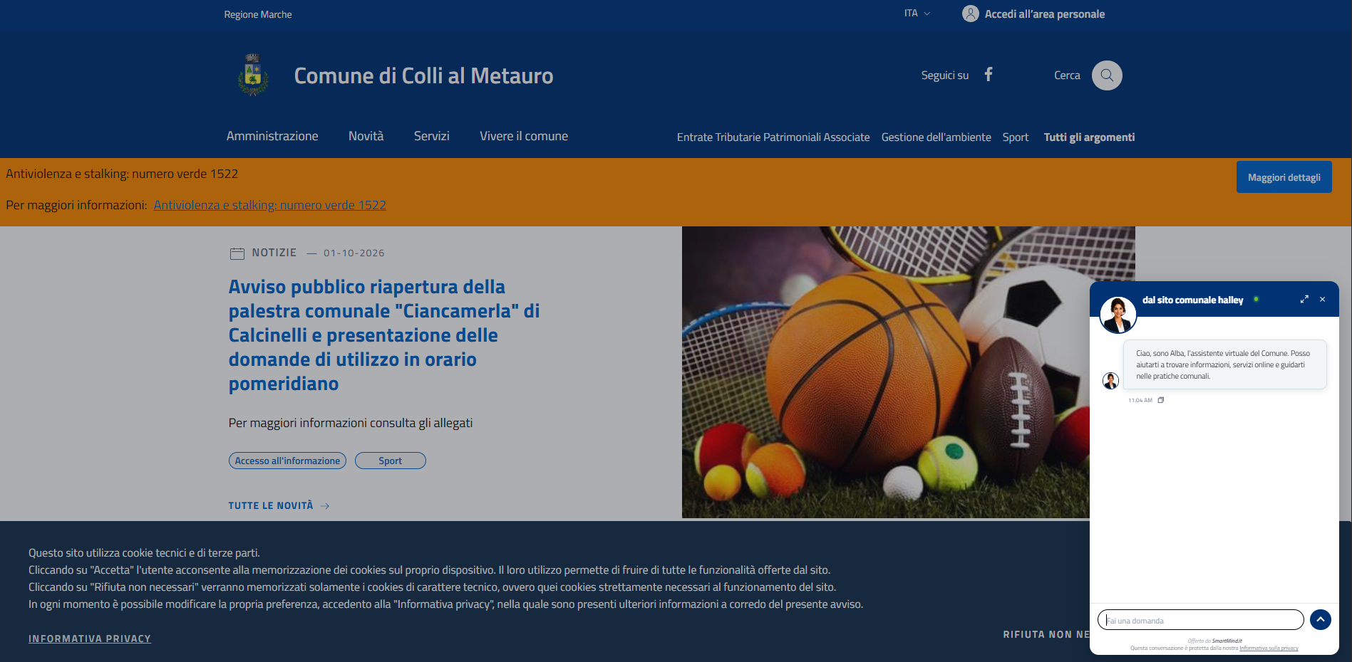 Sito del Comune di Colli al Metauro con l’assistente virtuale Alba