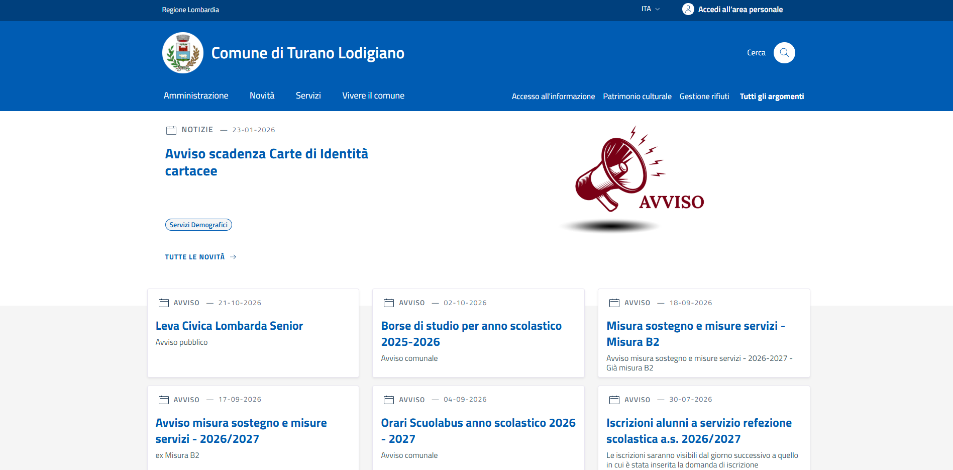 Sito del Comune di Turano Lodigiano con l’assistente virtuale Alba